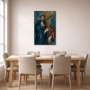 Unframed poster print of El Greco's Christ Carrying The Cross displayed on a wall in a dining room