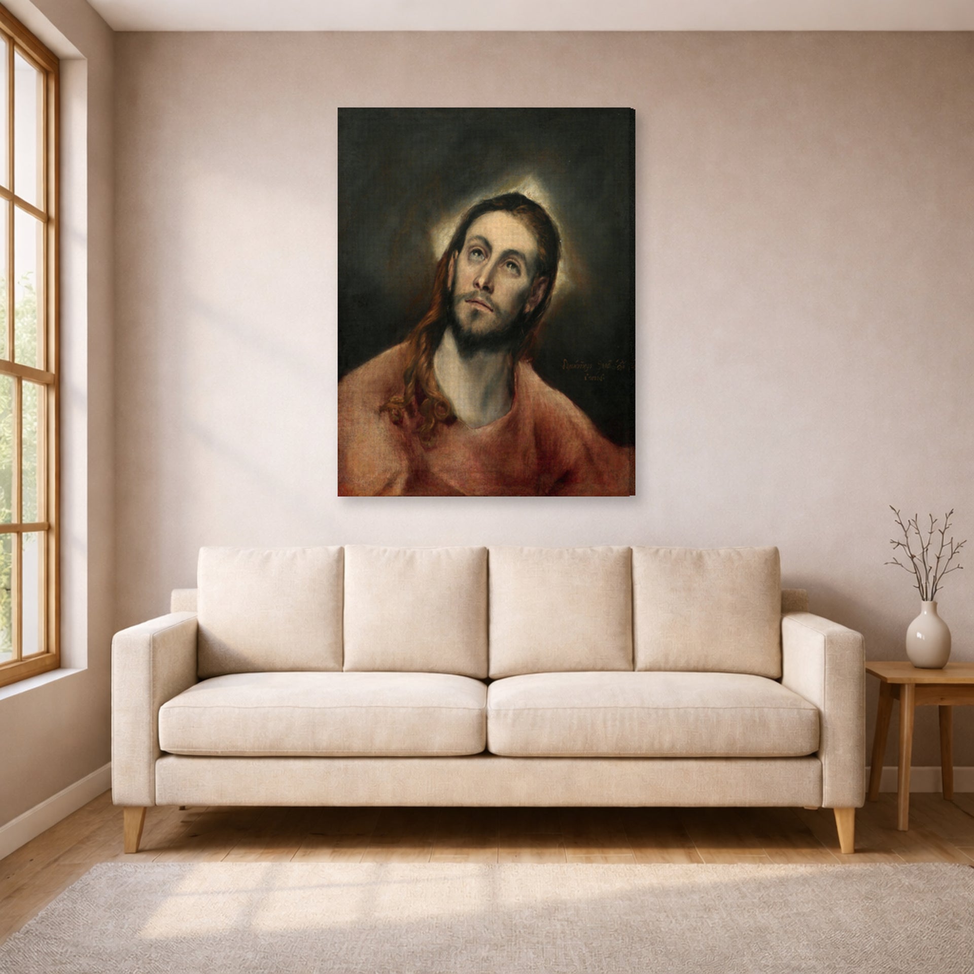 Gallery-wrapped canvas print of El Greco's Christ in Prayer displayed on a wall in a living room