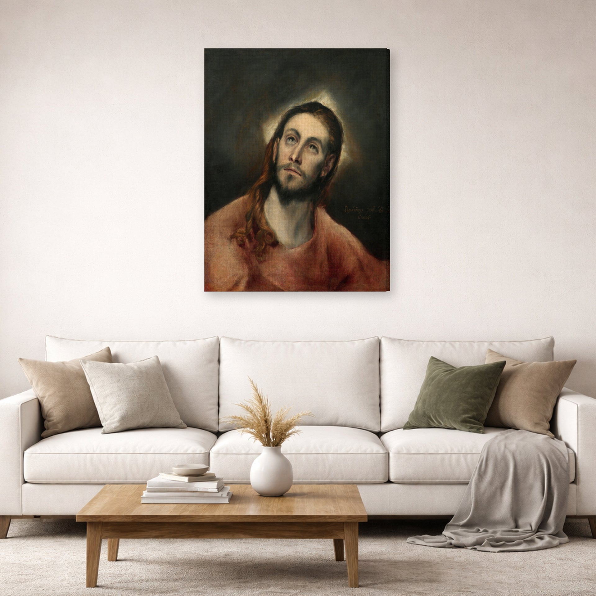 Gallery-wrapped canvas print of El Greco's Christ in Prayer displayed on a wall in a living room