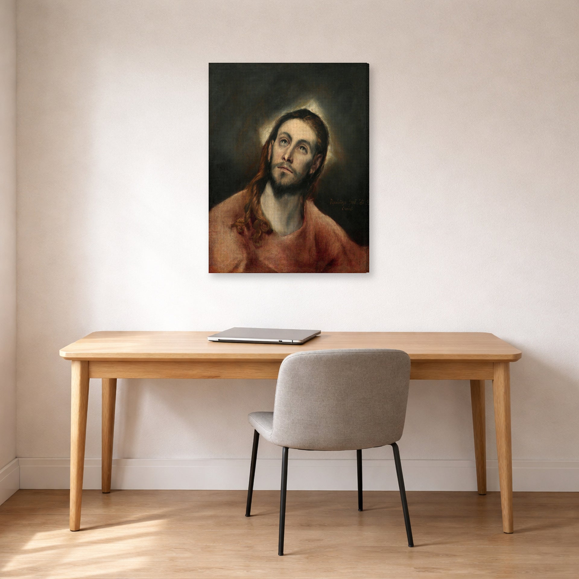 Gallery-wrapped canvas print of El Greco's Christ in Prayer displayed on a wall in an office