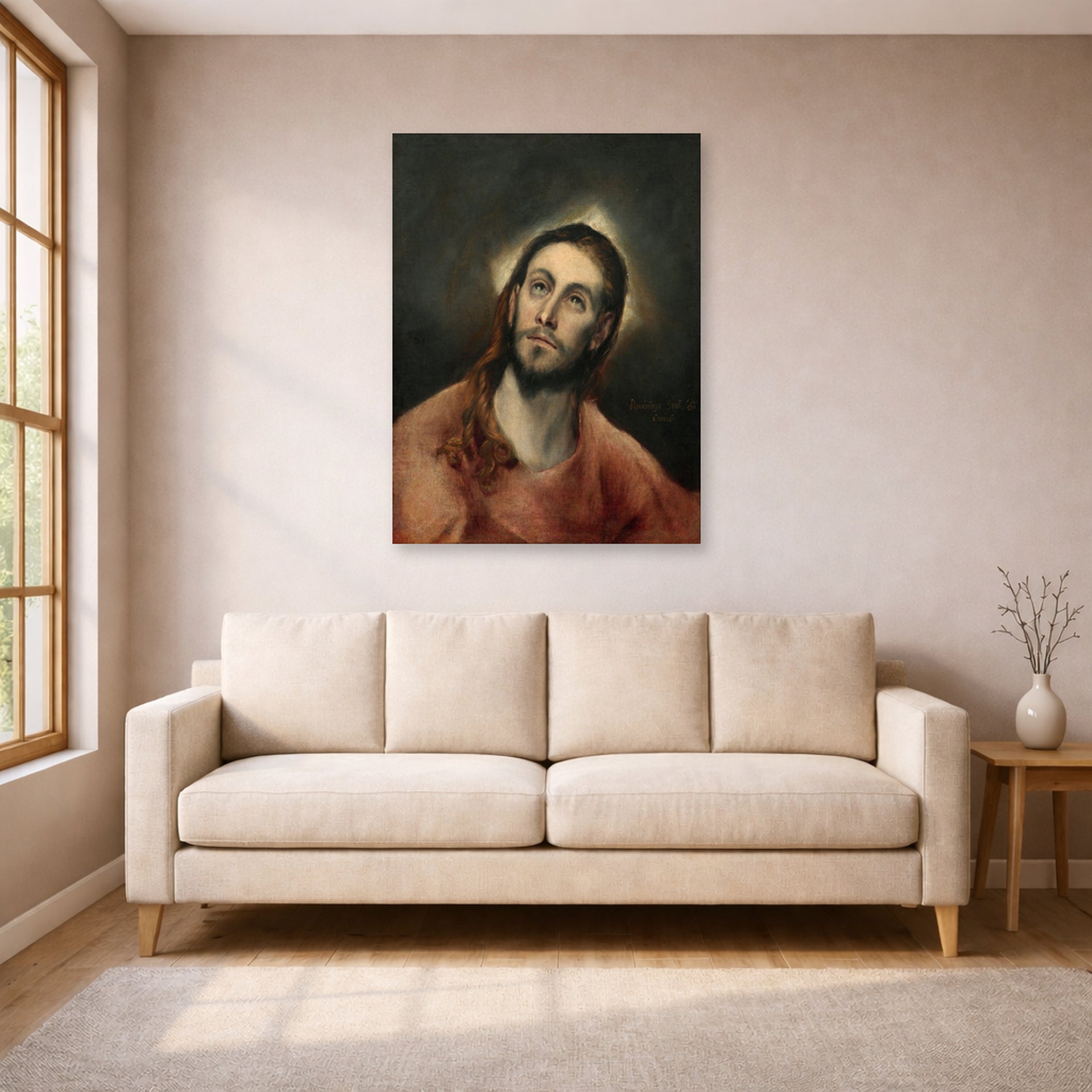 Unframed poster print of El Greco's Christ in Prayer displayed on a wall in a living room
