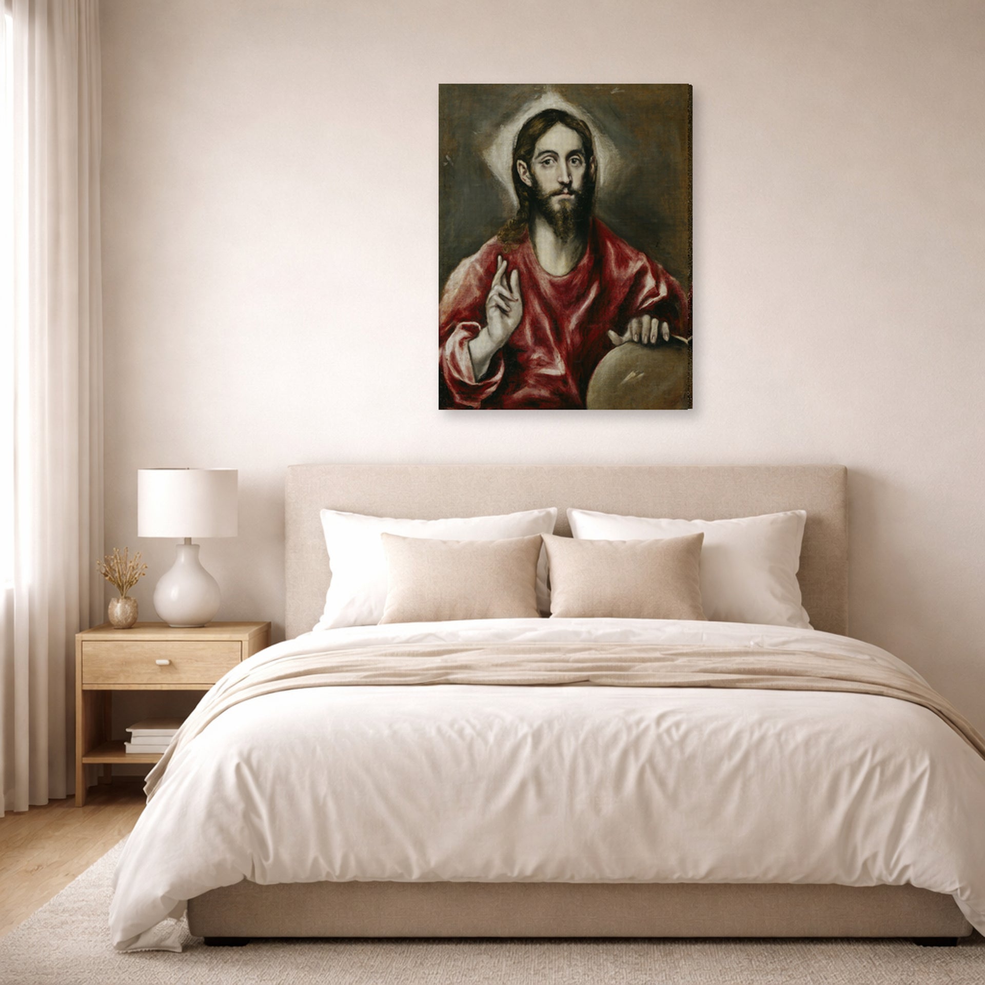 Gallery-wrapped canvas print of El Greco's El Salvador displayed on a wall in a bedroom