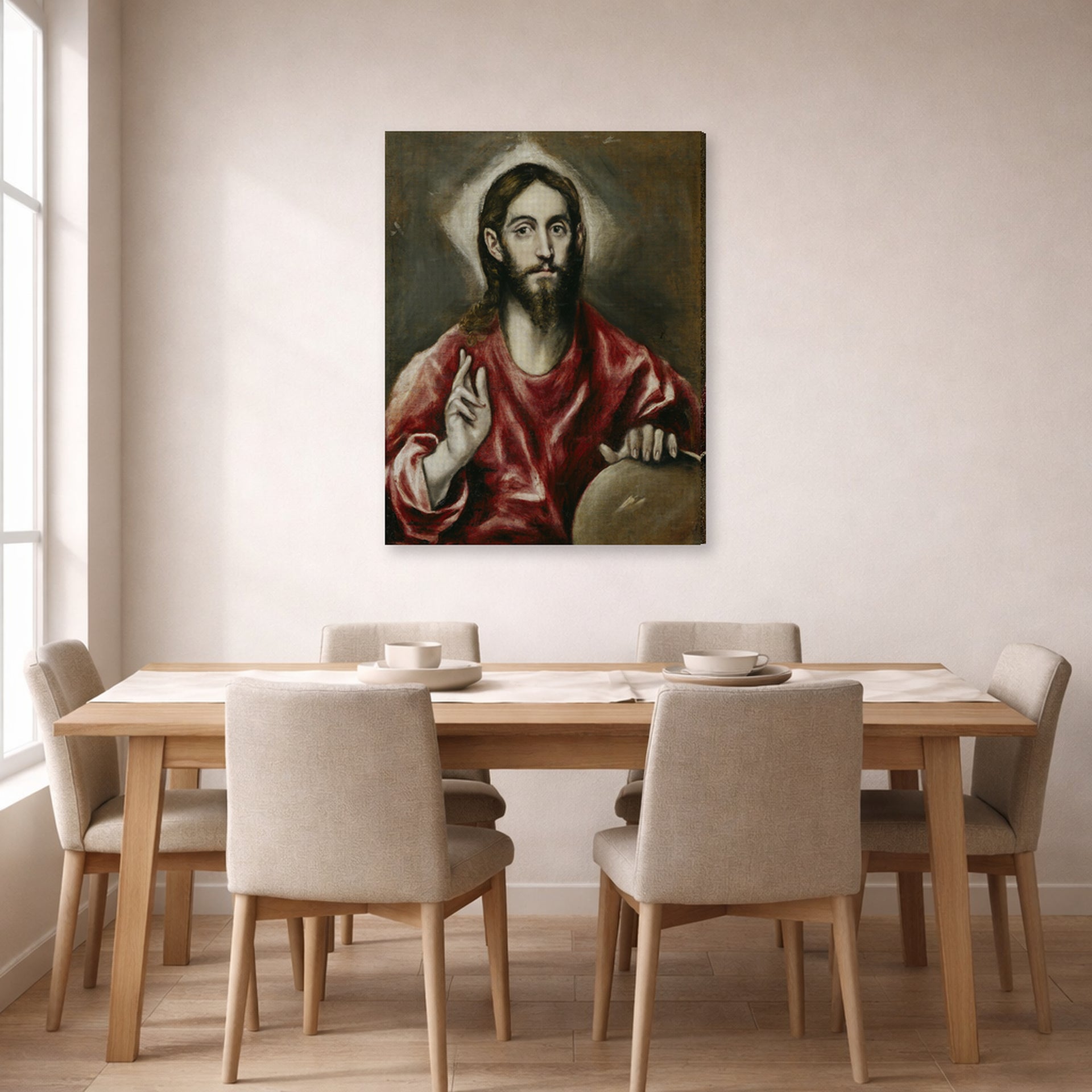 Gallery-wrapped canvas print of El Greco's El Salvador displayed on a wall in a dining room