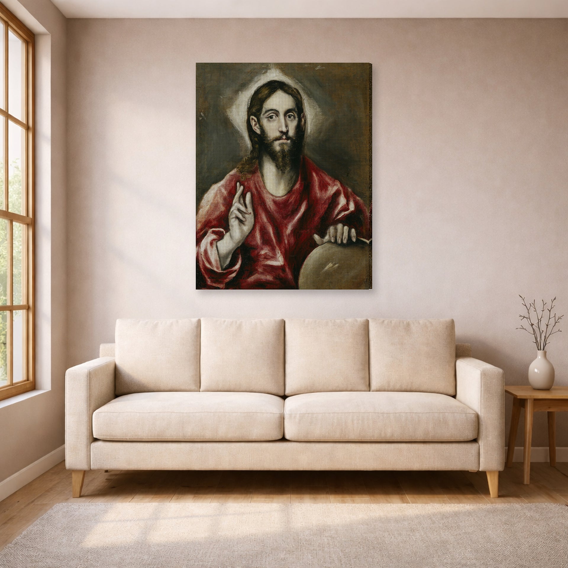 Gallery-wrapped canvas print of El Greco's El Salvador displayed on a wall in a living room