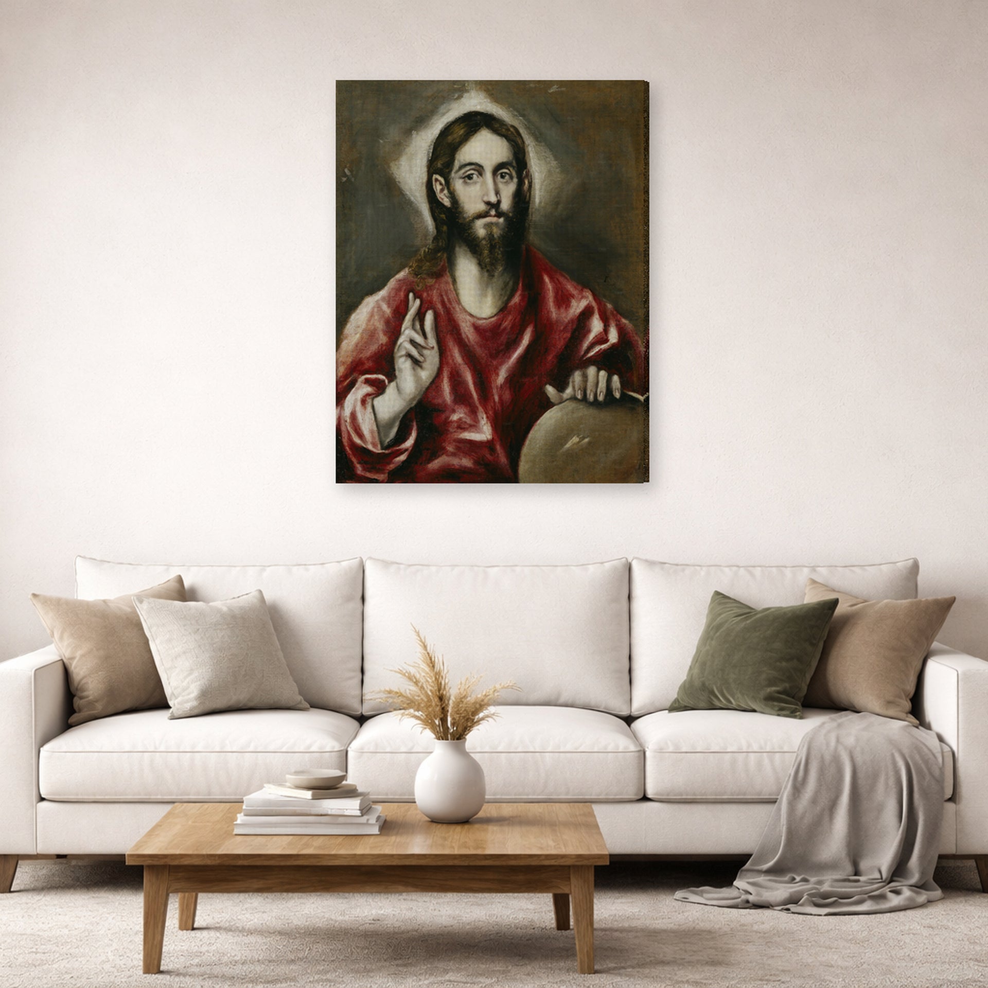 Gallery-wrapped canvas print of El Greco's El Salvador displayed on a wall in a living room