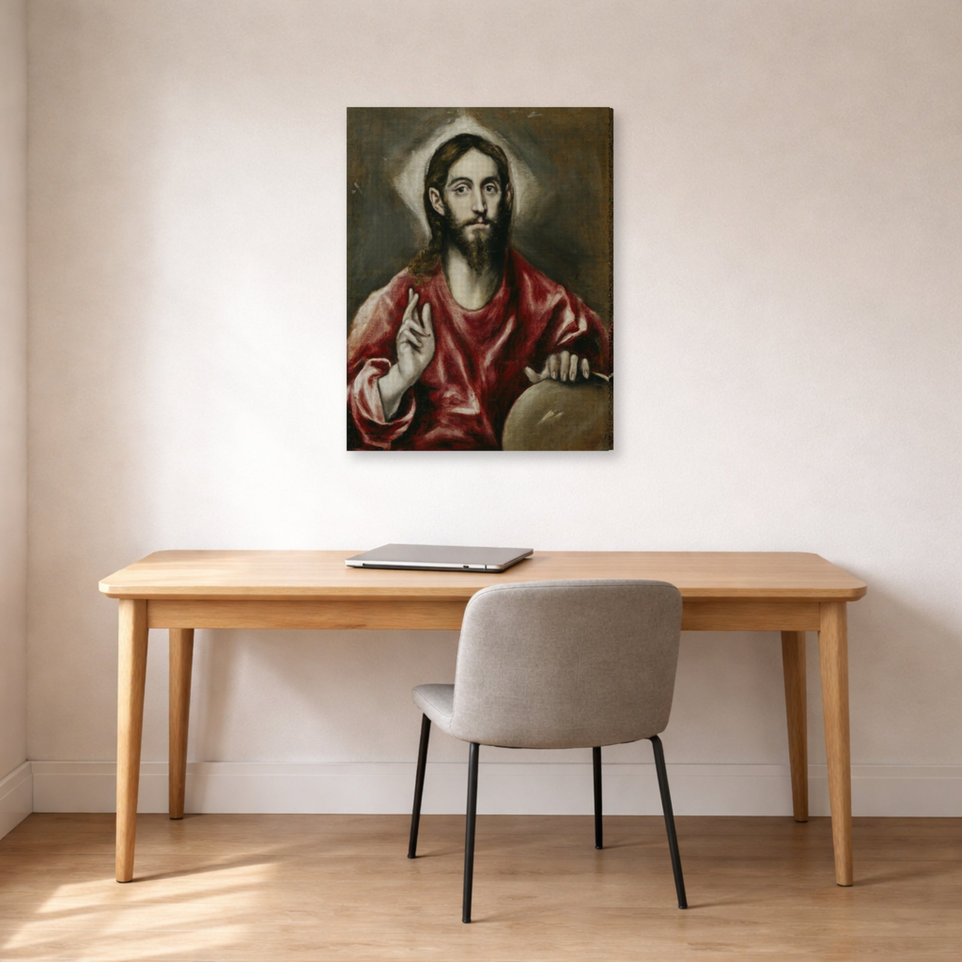 Gallery-wrapped canvas print of El Greco's El Salvador displayed on a wall in an office