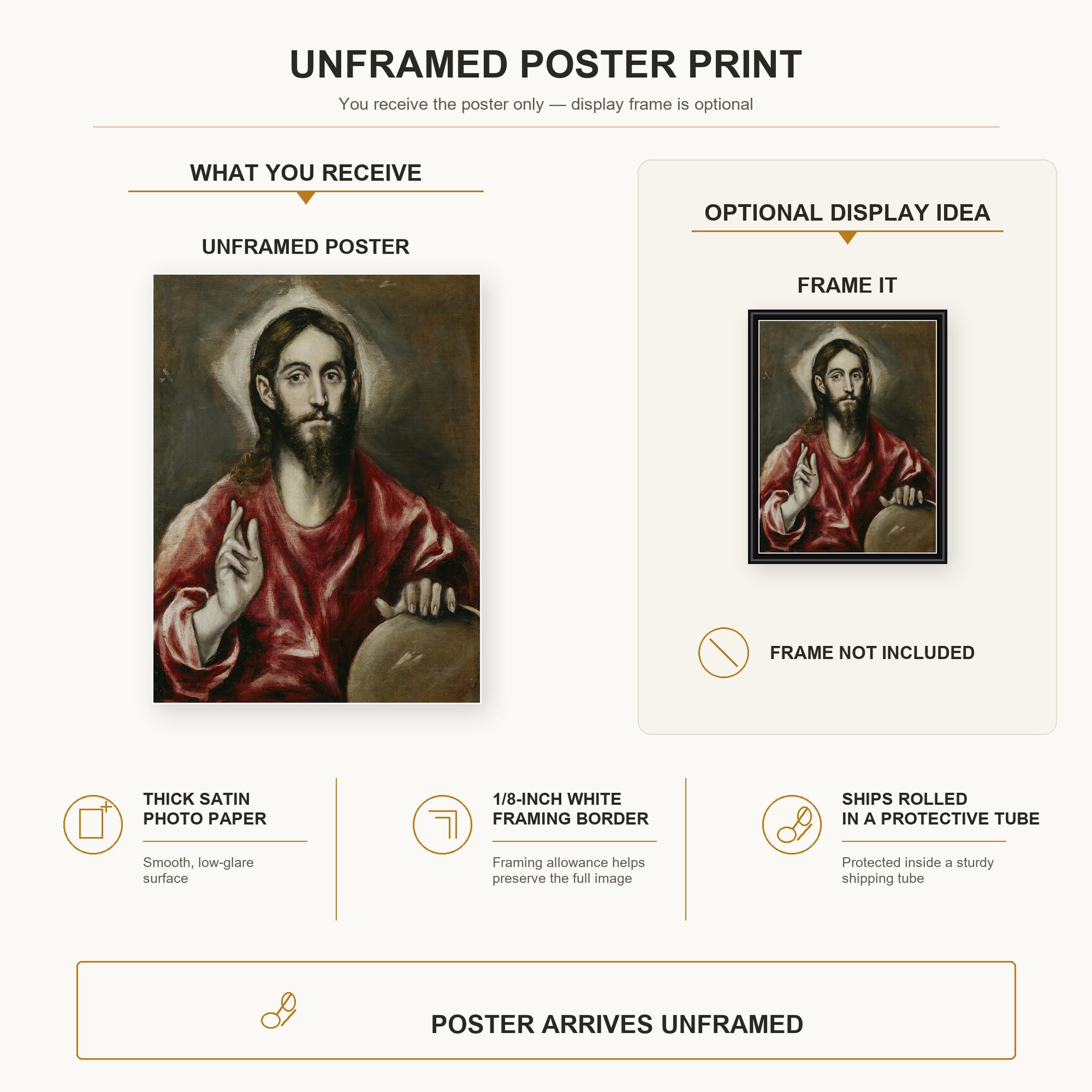 El Greco - El Salvador poster print size comparison and framing display infographic