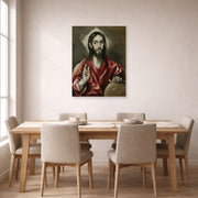 Unframed poster print of El Greco's El Salvador displayed on a wall in a dining room