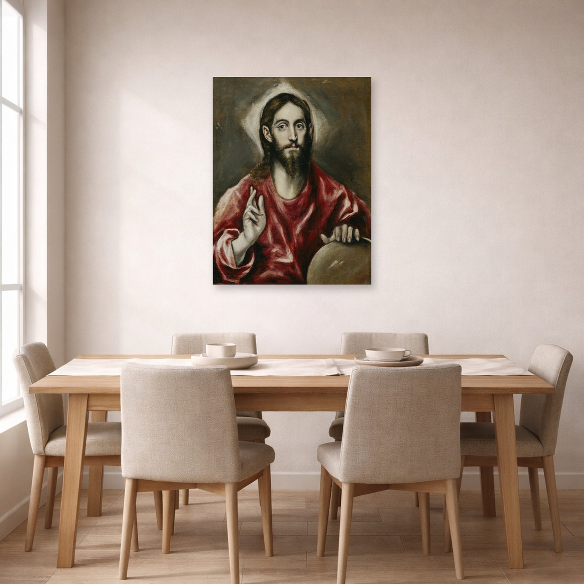 Unframed poster print of El Greco's El Salvador displayed on a wall in a dining room