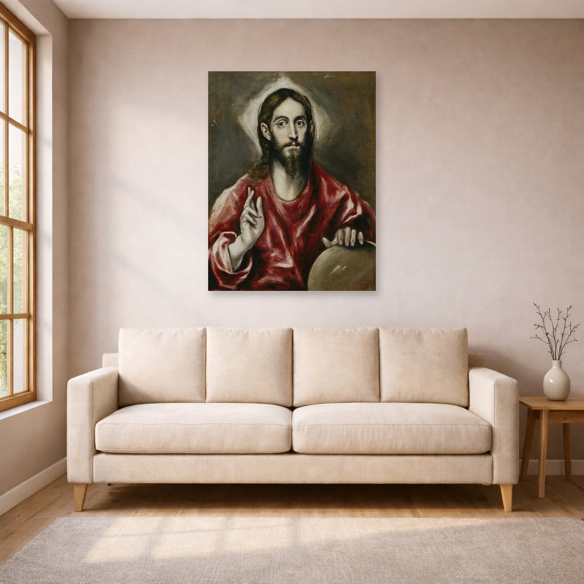 Unframed poster print of El Greco's El Salvador displayed on a wall in a living room