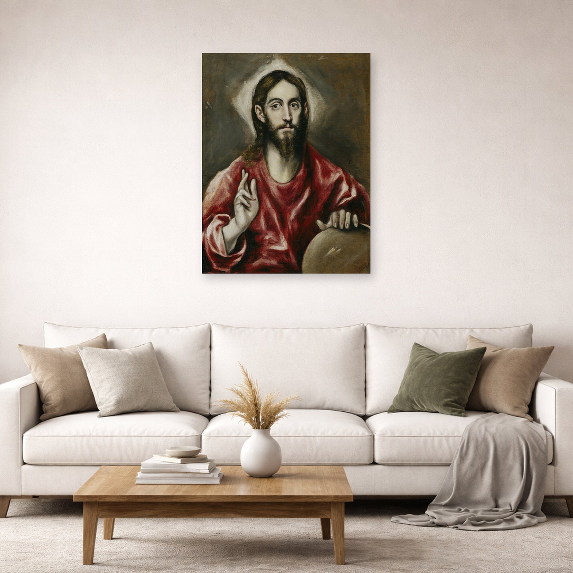 Unframed poster print of El Greco's El Salvador displayed on a wall in a living room