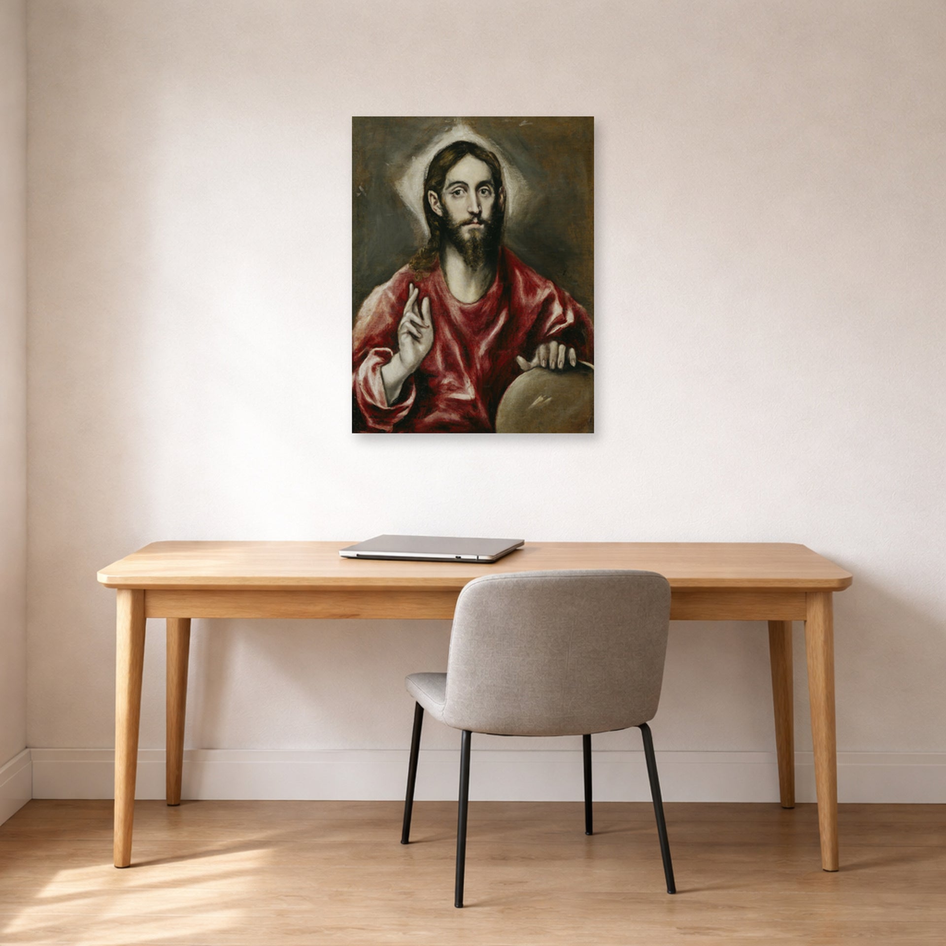 Unframed poster print of El Greco's El Salvador displayed on a wall in an office