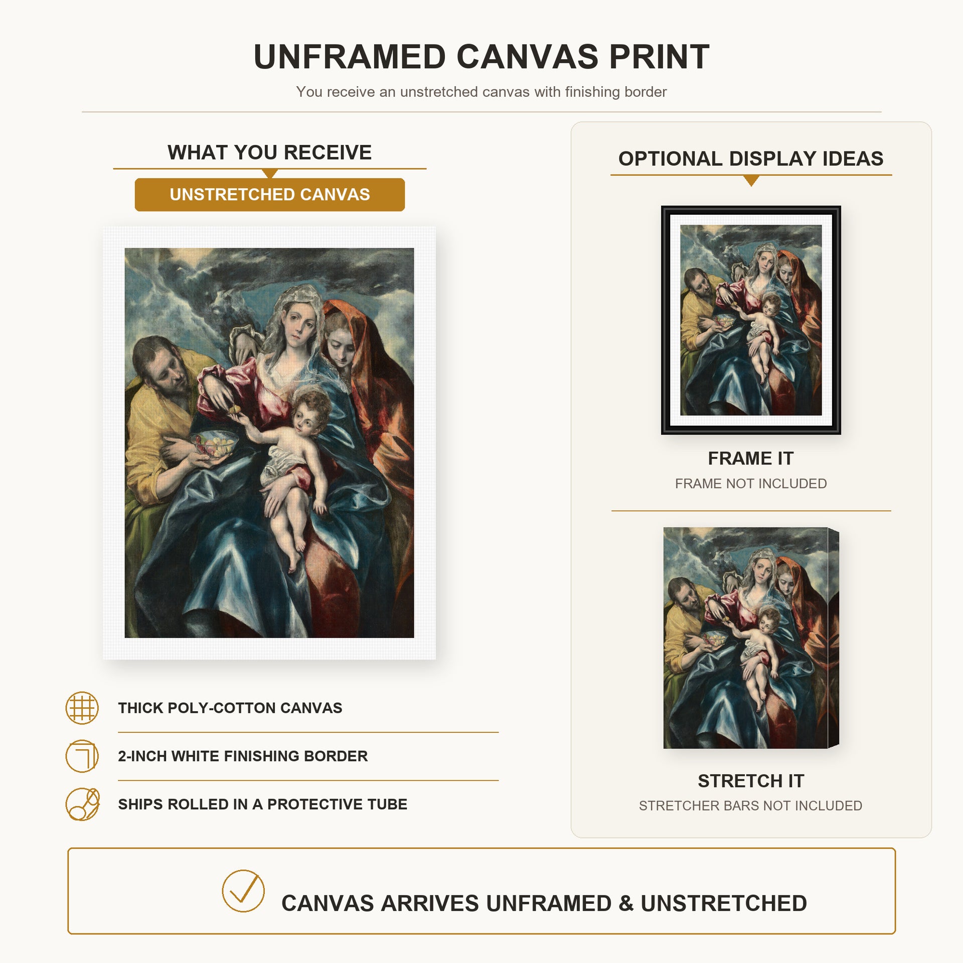 El Greco - Holy Family canvas print size comparison and framing display infographic
