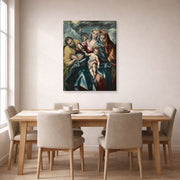 Gallery-wrapped canvas print of El Greco's Holy Family displayed on a wall in a dining room