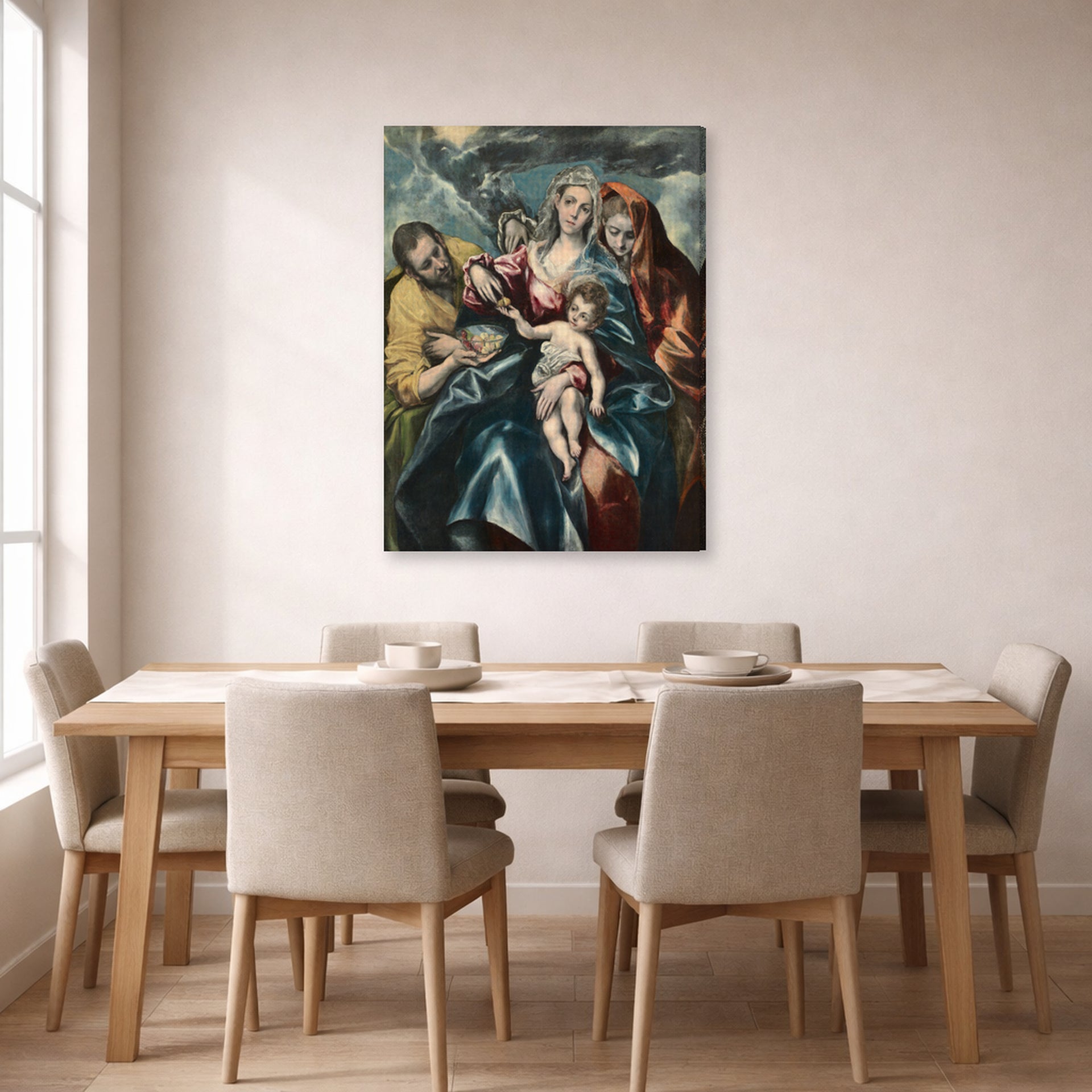 Gallery-wrapped canvas print of El Greco's Holy Family displayed on a wall in a dining room