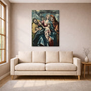 Gallery-wrapped canvas print of El Greco's Holy Family displayed on a wall in a living room