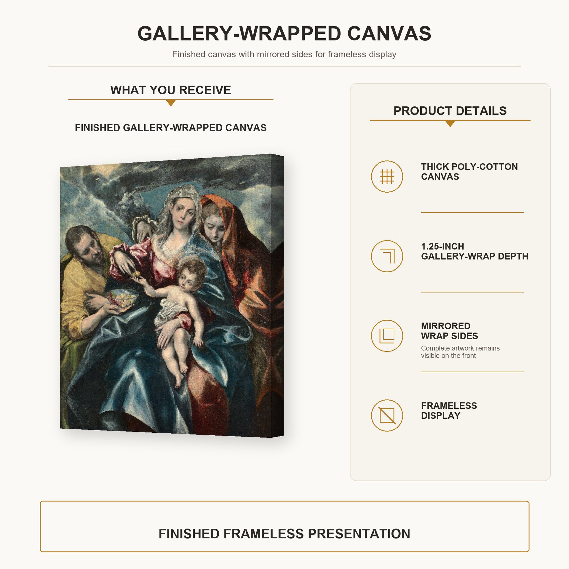 El Greco - Holy Family gallery wrap canvas construction and hanging details infographic