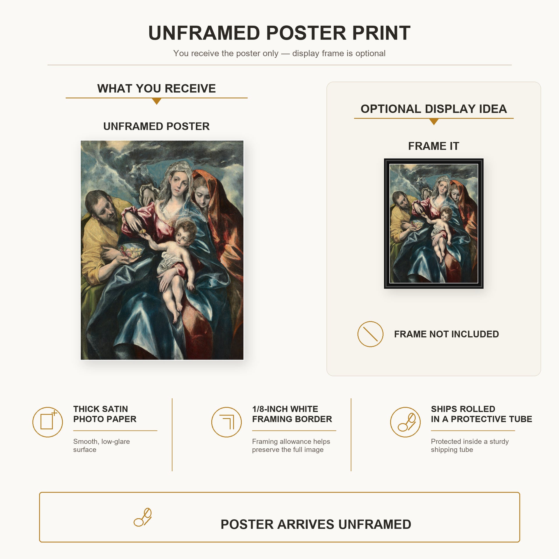 El Greco - Holy Family poster print size comparison and framing display infographic