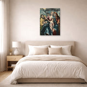 Unframed poster print of El Greco's Holy Family displayed on a wall in a bedroom