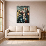 Unframed poster print of El Greco's Holy Family displayed on a wall in a living room