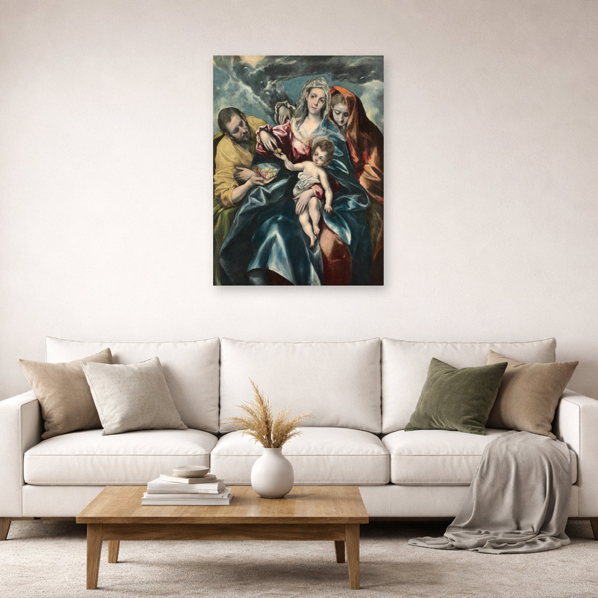 Unframed poster print of El Greco's Holy Family displayed on a wall in a living room