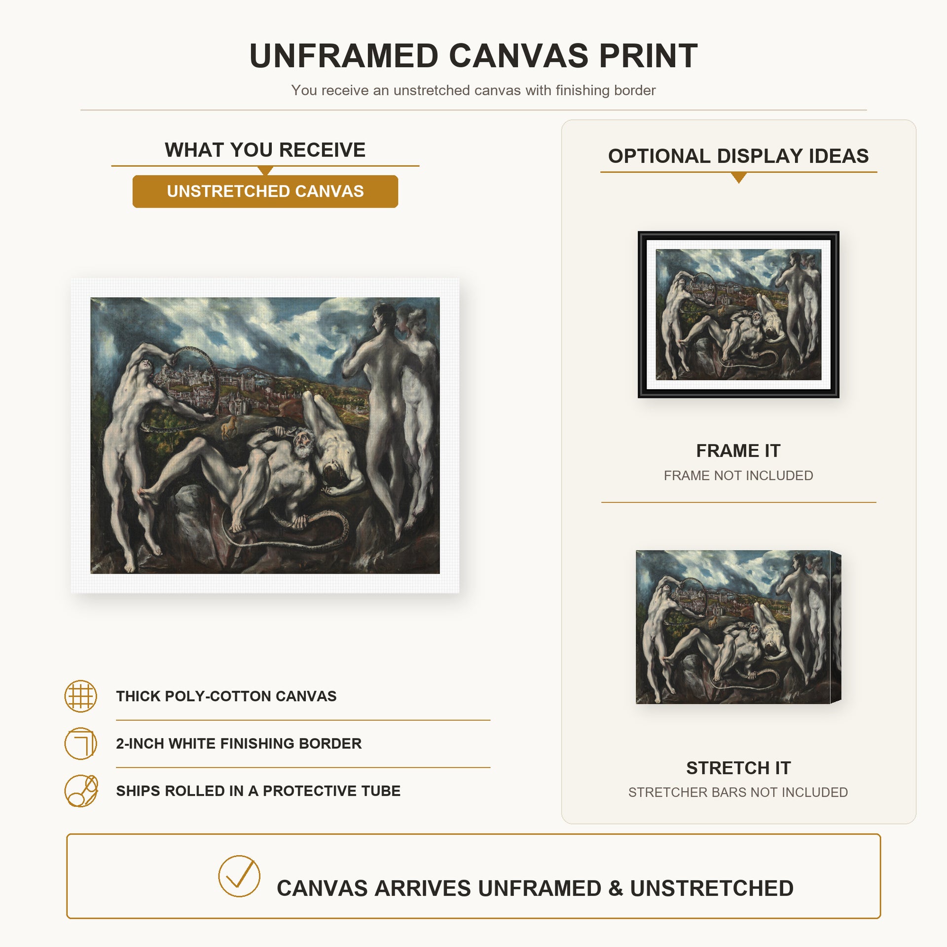 El Greco - Laocoon canvas print size comparison and framing display infographic