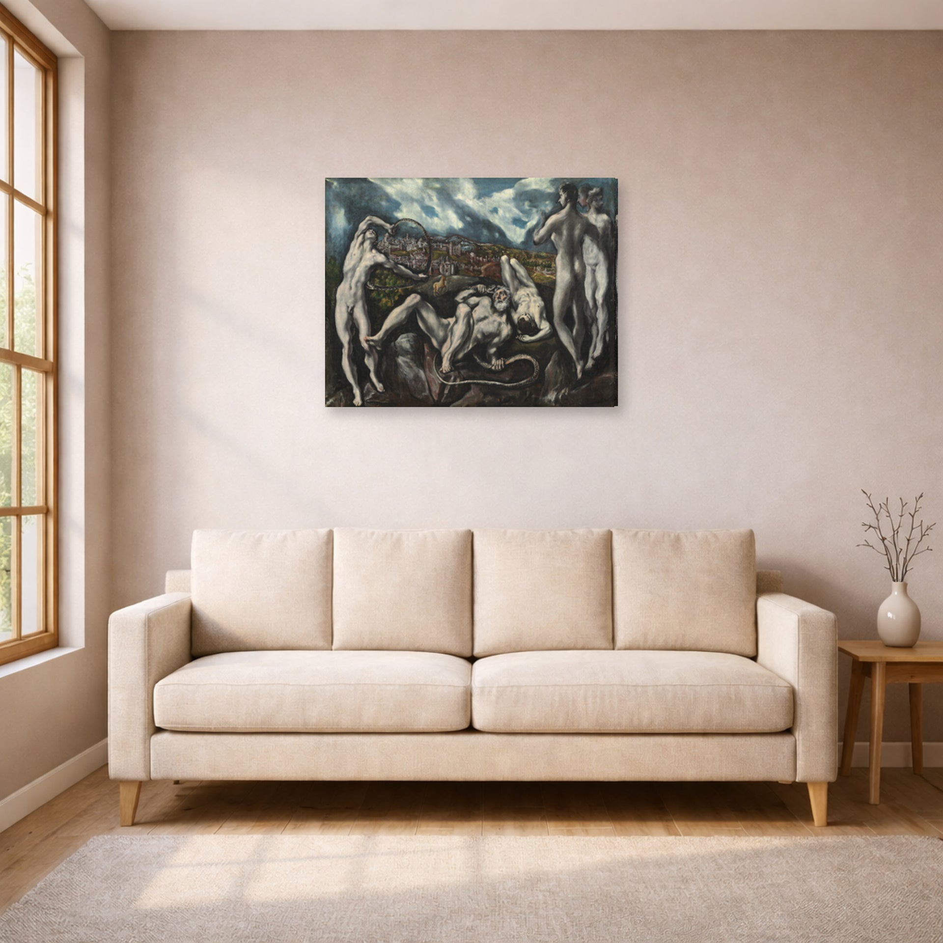 Gallery-wrapped canvas print of El Greco's Laocoon displayed on a wall in a living room