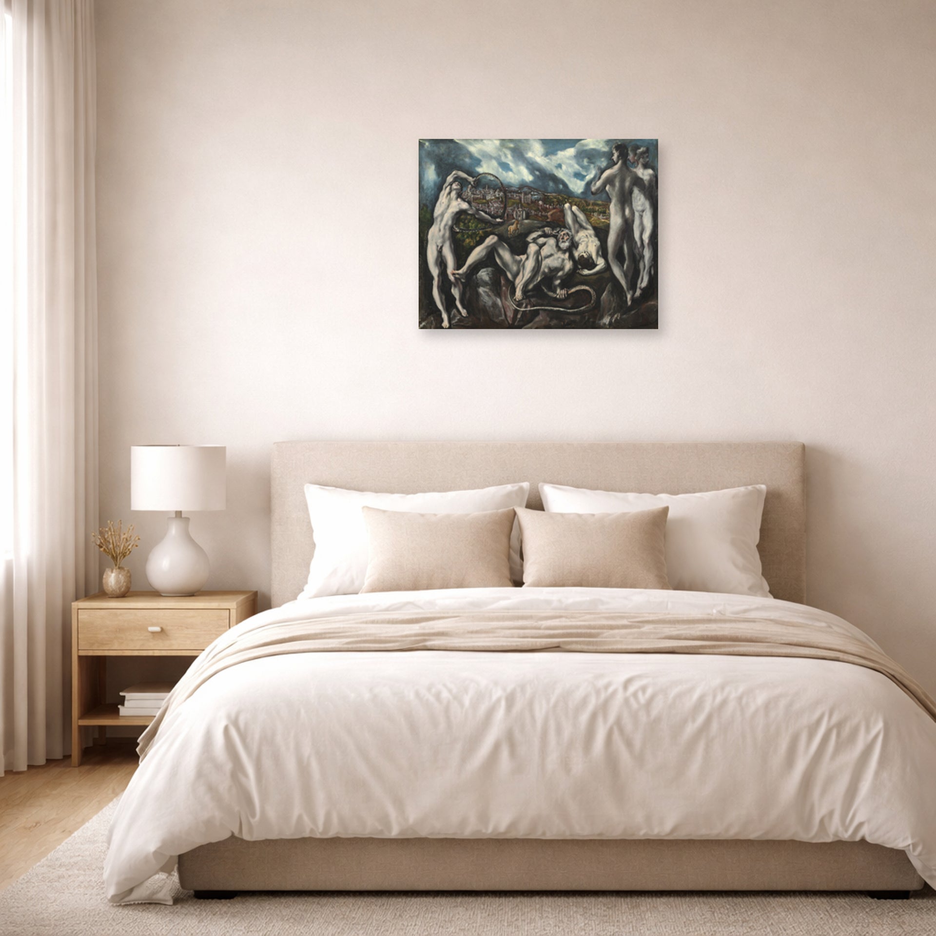 Unframed poster print of El Greco's Laocoon displayed on a wall in a bedroom