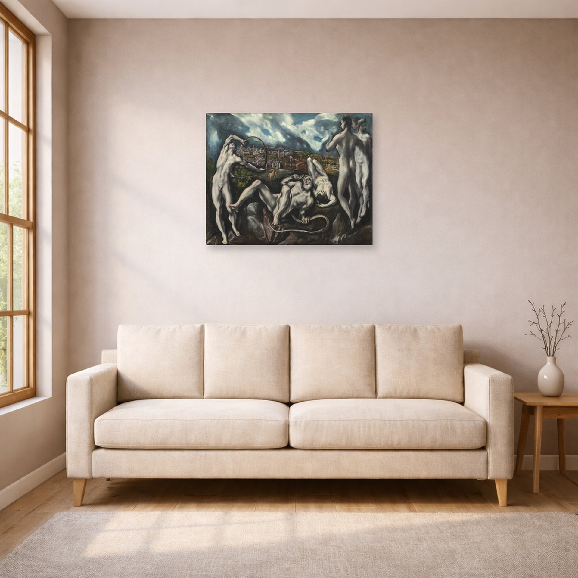 Unframed poster print of El Greco's Laocoon displayed on a wall in a living room
