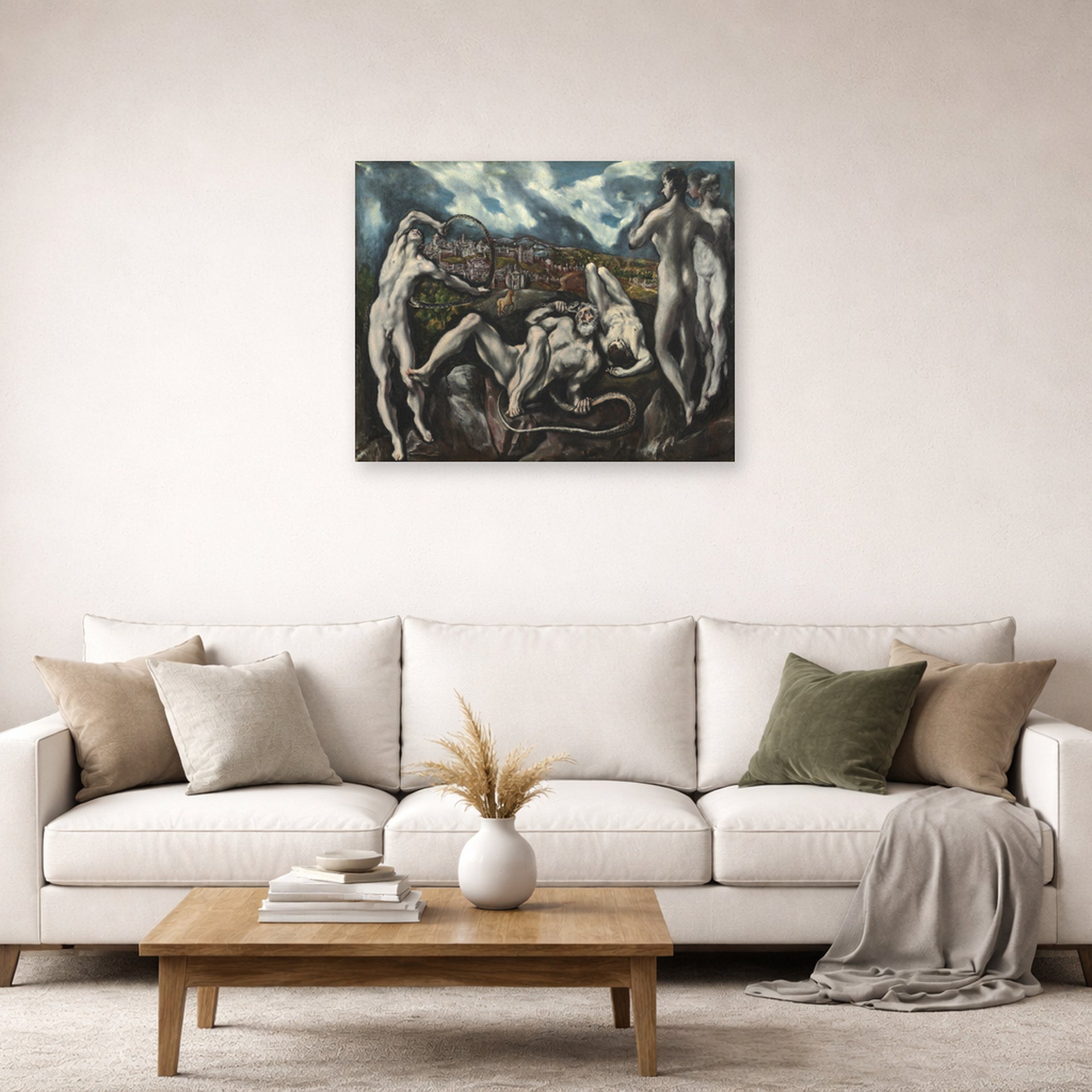 Unframed poster print of El Greco's Laocoon displayed on a wall in a living room