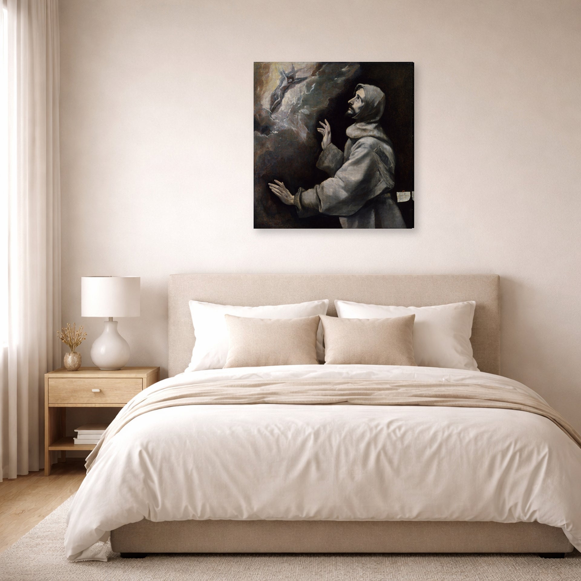 Gallery-wrapped canvas print of El Greco's Saint Francis Receiving the Stigmata displayed on a wall in a bedroom