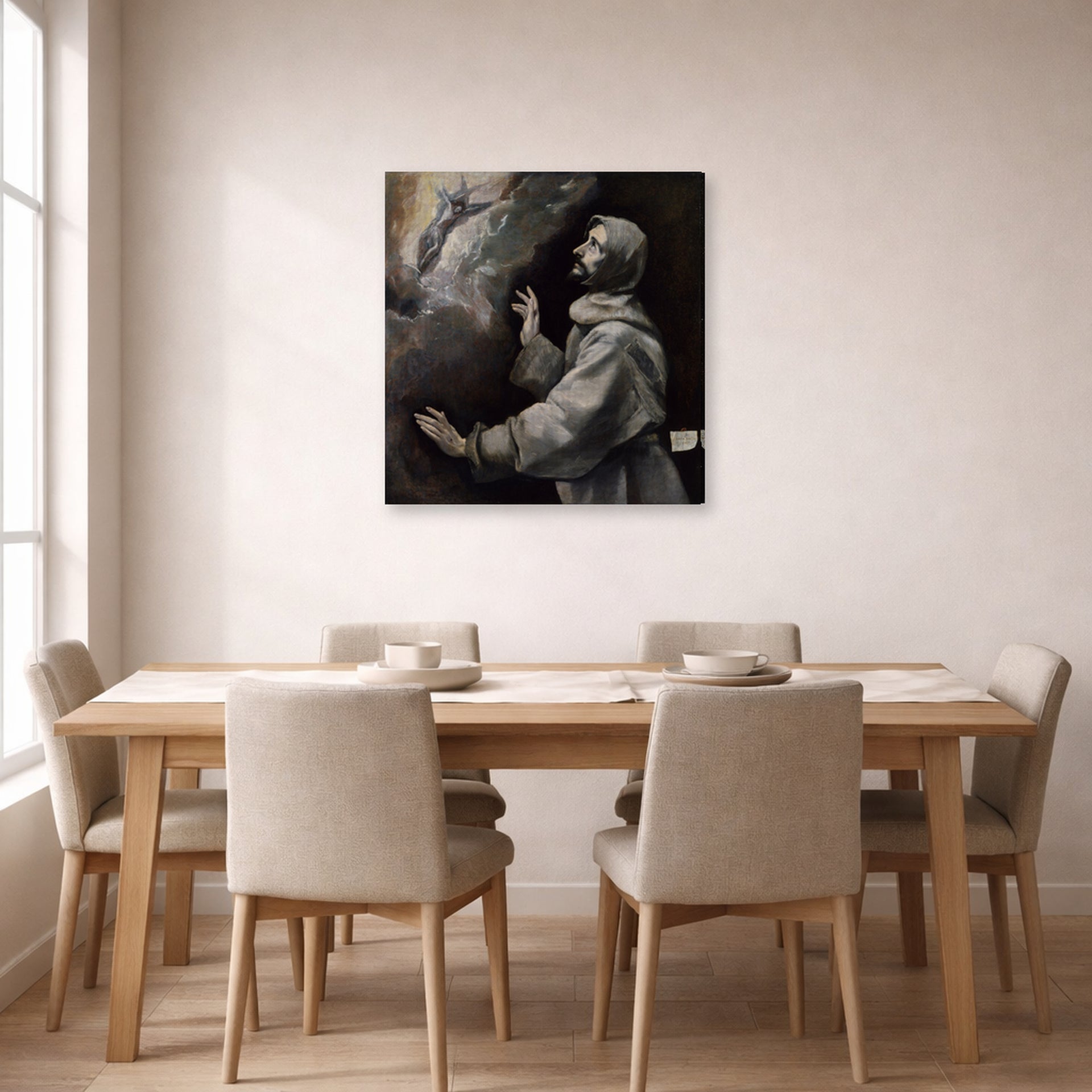 Gallery-wrapped canvas print of El Greco's Saint Francis Receiving the Stigmata displayed on a wall in a dining room