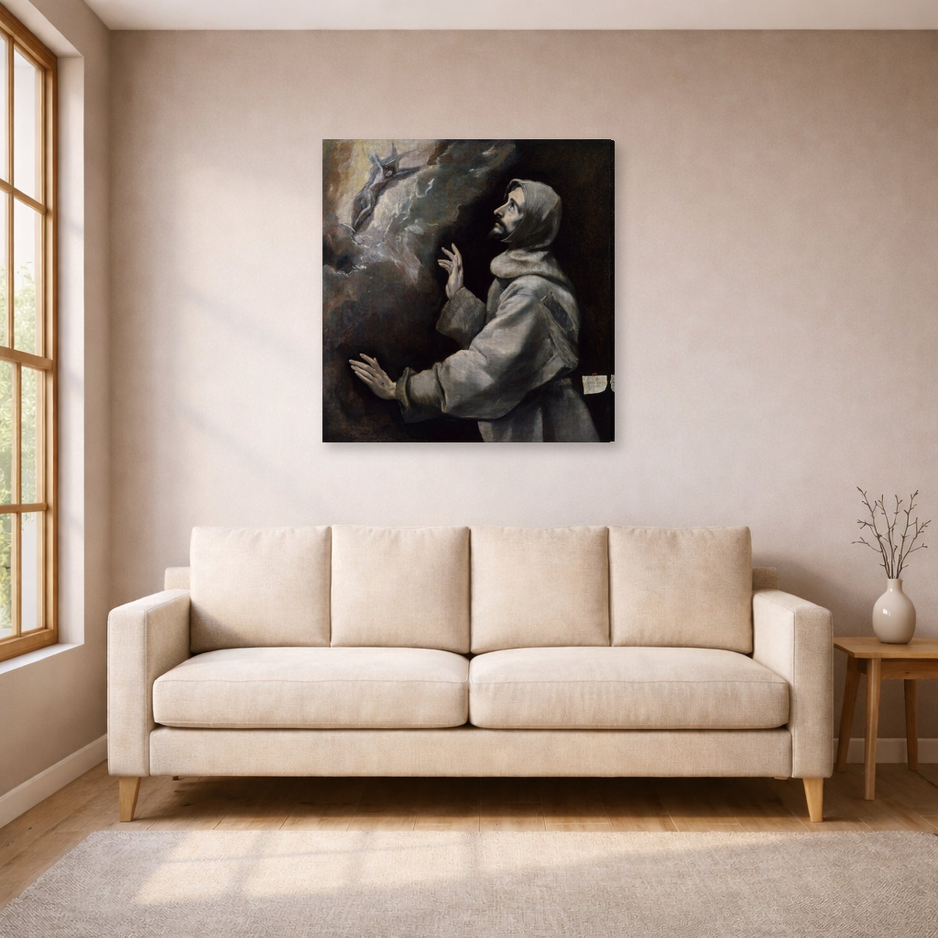 Gallery-wrapped canvas print of El Greco's Saint Francis Receiving the Stigmata displayed on a wall in a living room