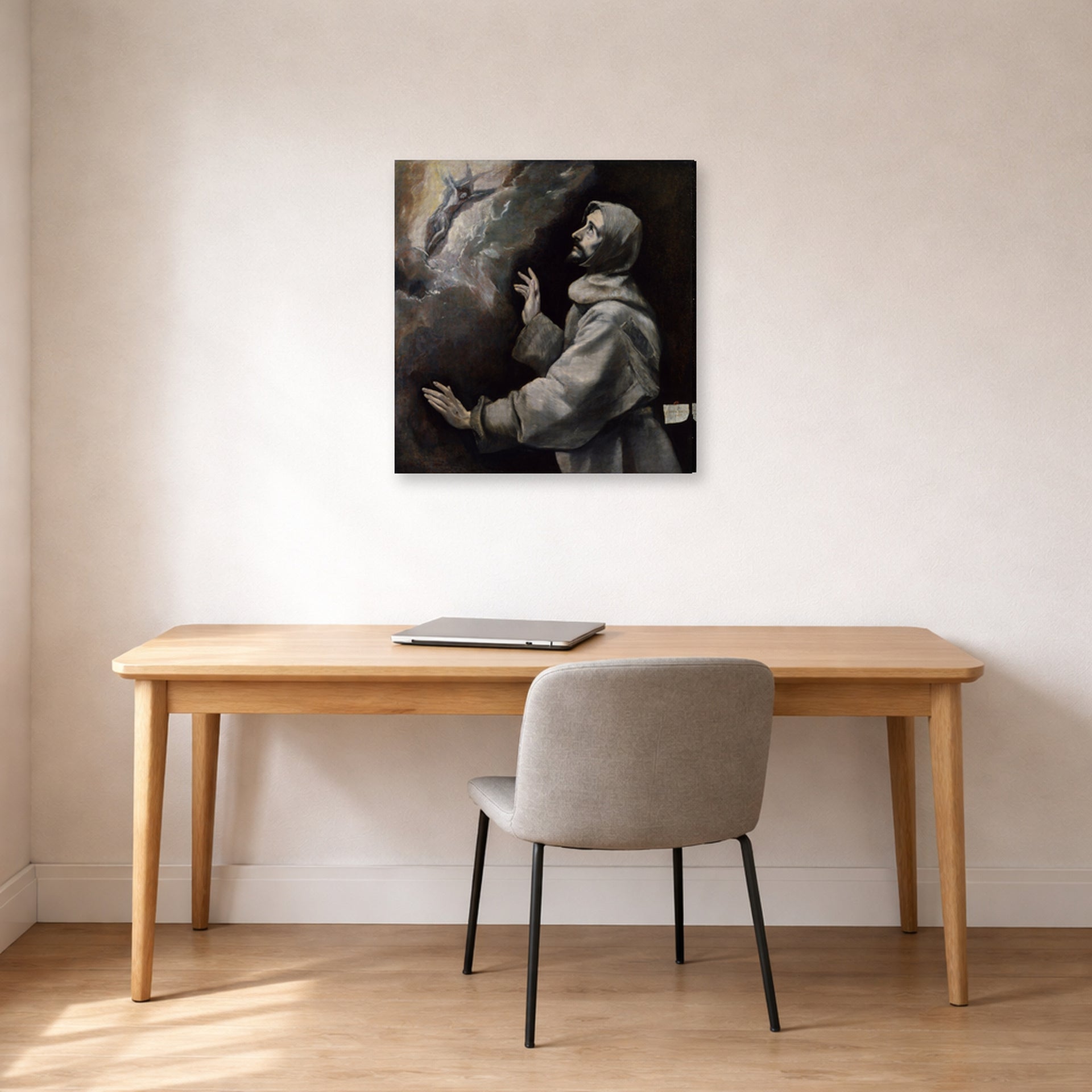 Gallery-wrapped canvas print of El Greco's Saint Francis Receiving the Stigmata displayed on a wall in an office