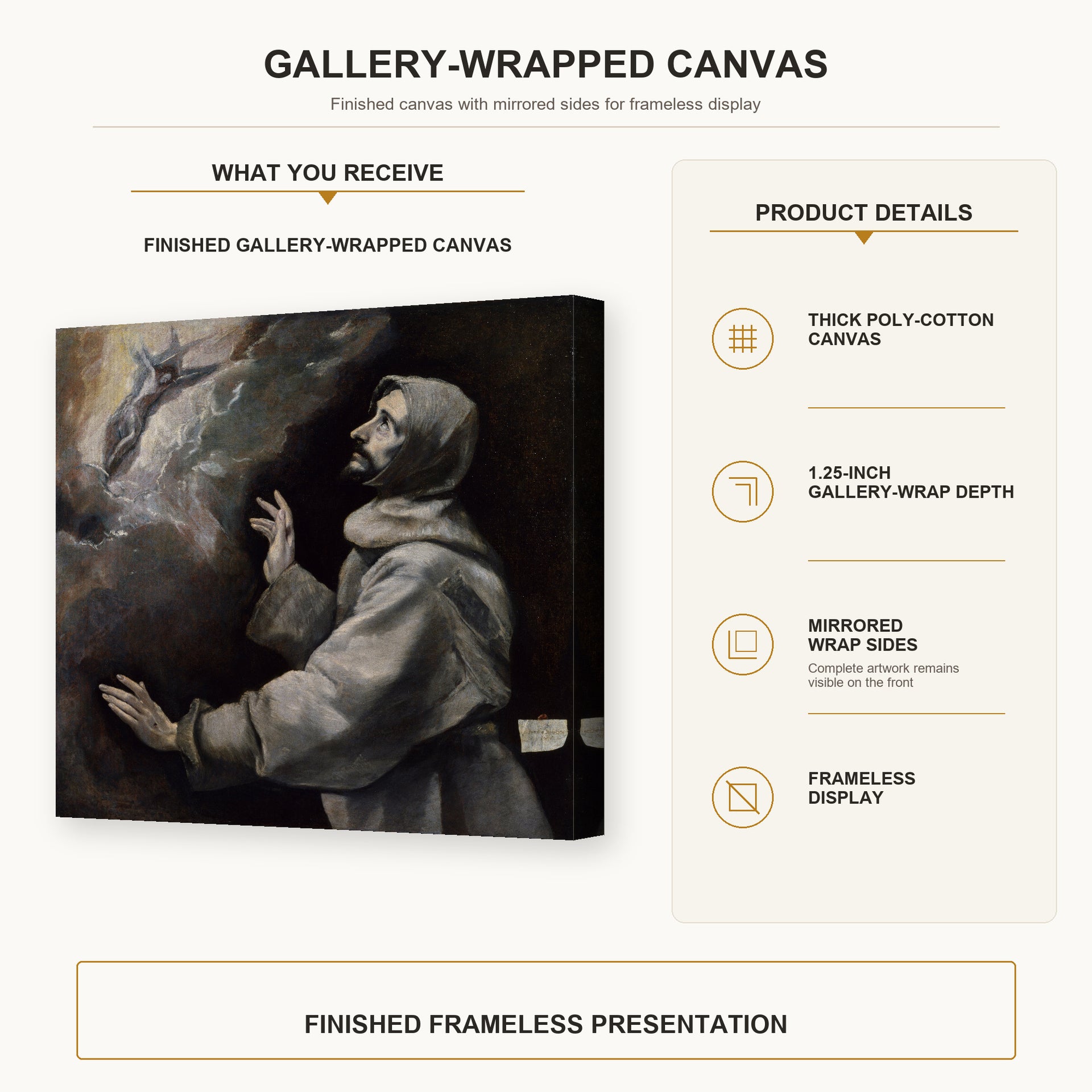 El Greco - Saint Francis Receiving the Stigmata gallery wrap canvas construction and hanging details infographic