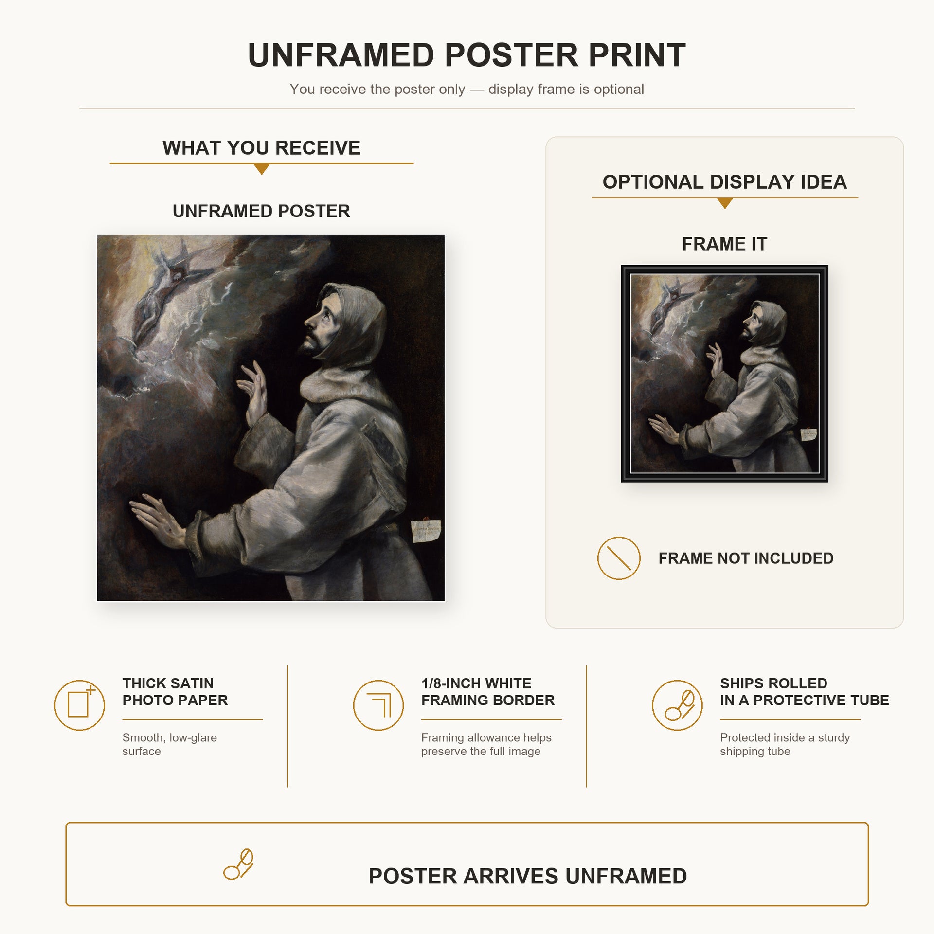 El Greco - Saint Francis Receiving the Stigmata poster print size comparison and framing display infographic