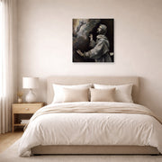 Unframed poster print of El Greco's Saint Francis Receiving the Stigmata displayed on a wall in a bedroom