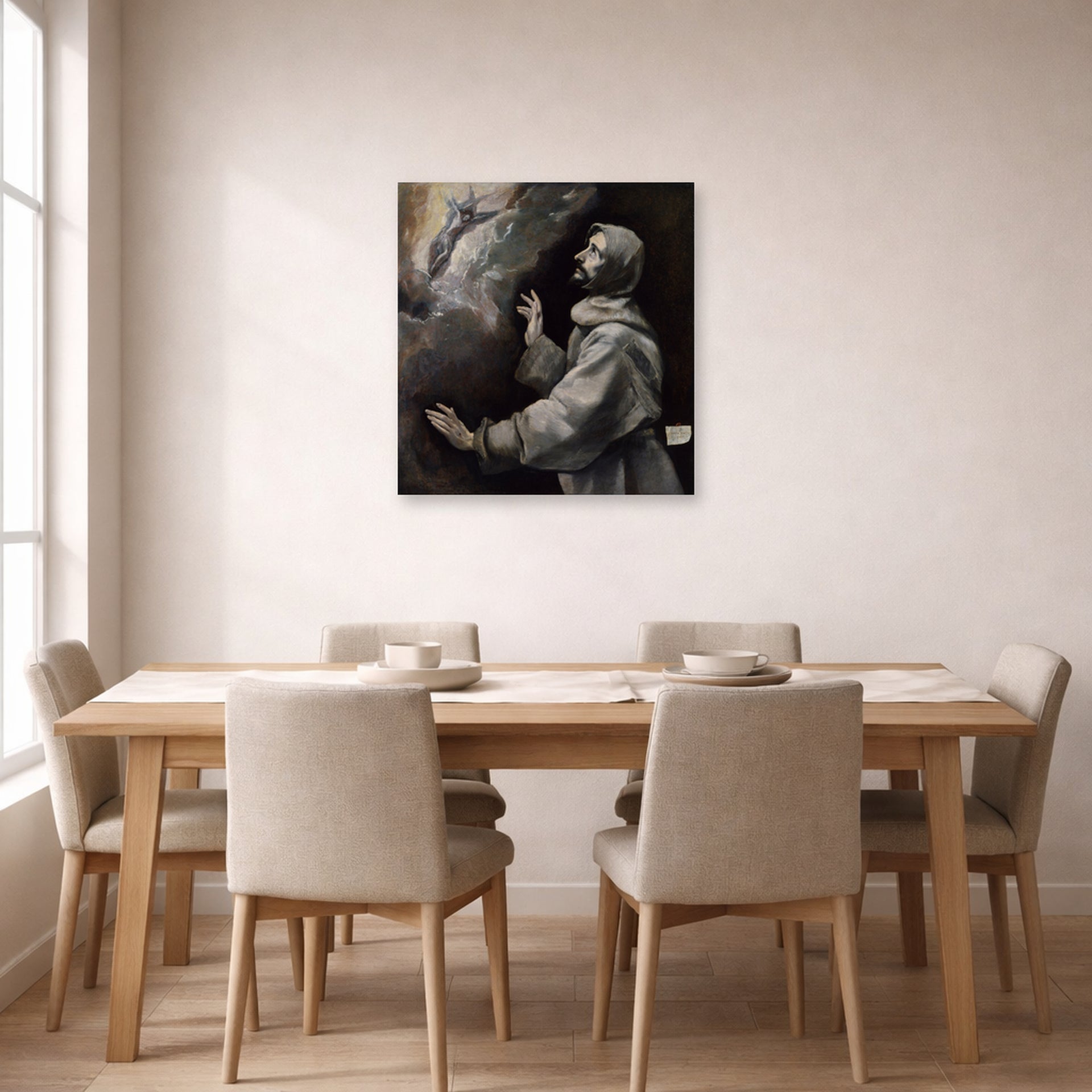 Unframed poster print of El Greco's Saint Francis Receiving the Stigmata displayed on a wall in a dining room