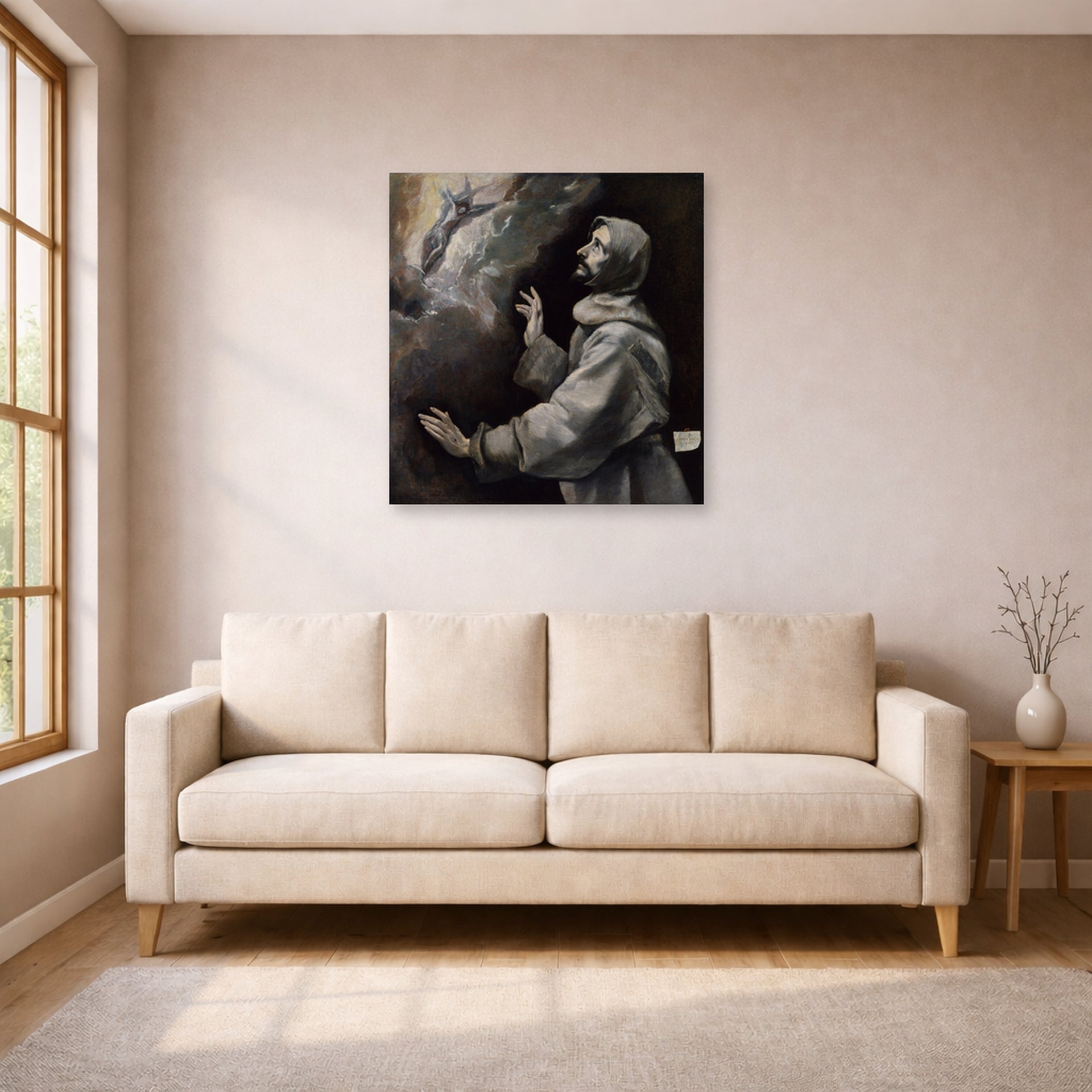 Unframed poster print of El Greco's Saint Francis Receiving the Stigmata displayed on a wall in a living room