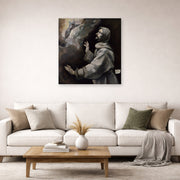 Unframed poster print of El Greco's Saint Francis Receiving the Stigmata displayed on a wall in a living room