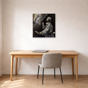 Unframed poster print of El Greco's Saint Francis Receiving the Stigmata displayed on a wall in an office