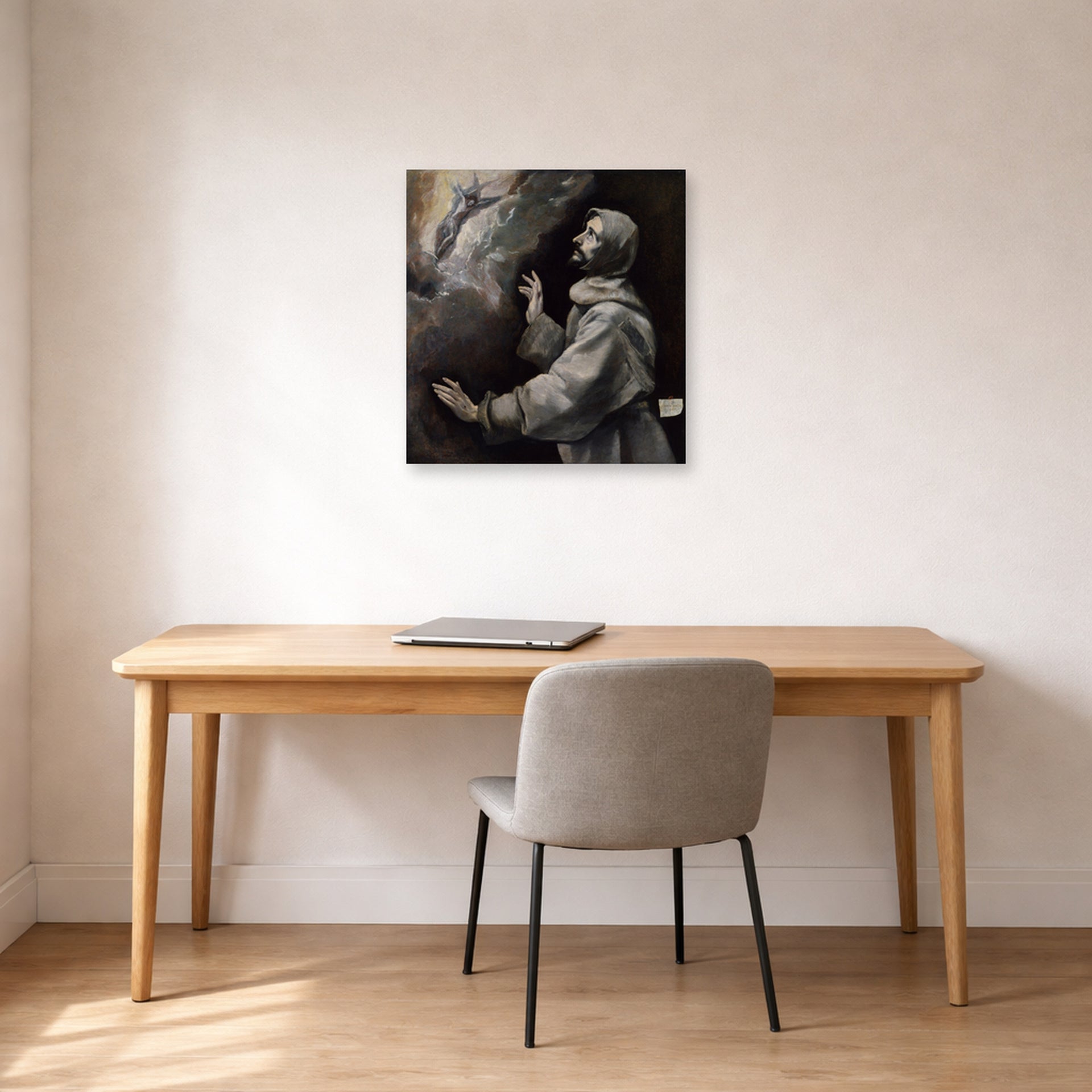 Unframed poster print of El Greco's Saint Francis Receiving the Stigmata displayed on a wall in an office
