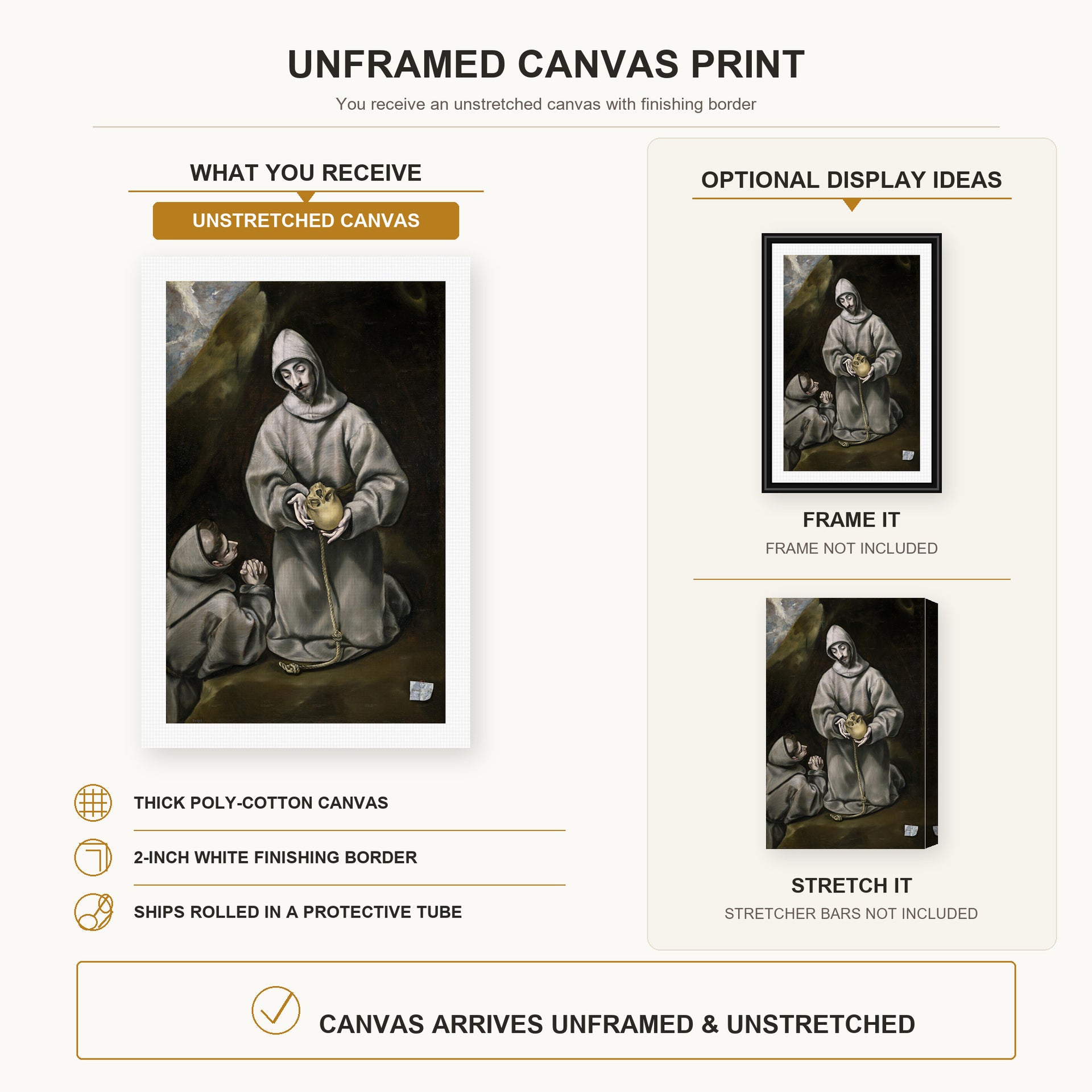 El Greco - Saint Francis and Brother Leo Meditating on Death canvas print size comparison and framing display infographic