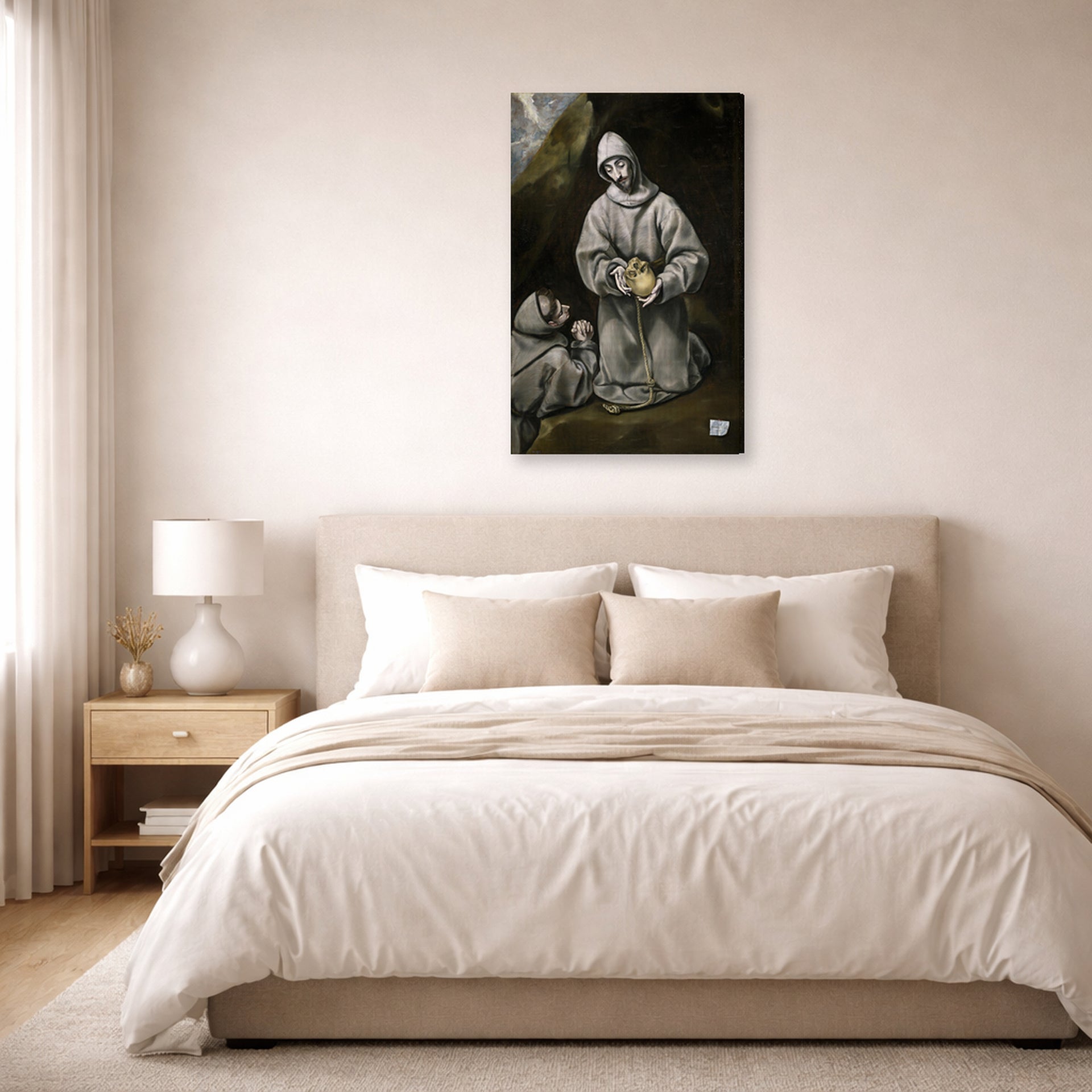 Gallery-wrapped canvas print of El Greco's Saint Francis and Brother Leo Meditating on Death displayed on a wall in a bedroom