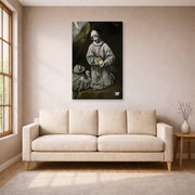 Gallery-wrapped canvas print of El Greco's Saint Francis and Brother Leo Meditating on Death displayed on a wall in a living room