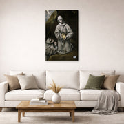 Gallery-wrapped canvas print of El Greco's Saint Francis and Brother Leo Meditating on Death displayed on a wall in a living room