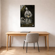 Gallery-wrapped canvas print of El Greco's Saint Francis and Brother Leo Meditating on Death displayed on a wall in an office