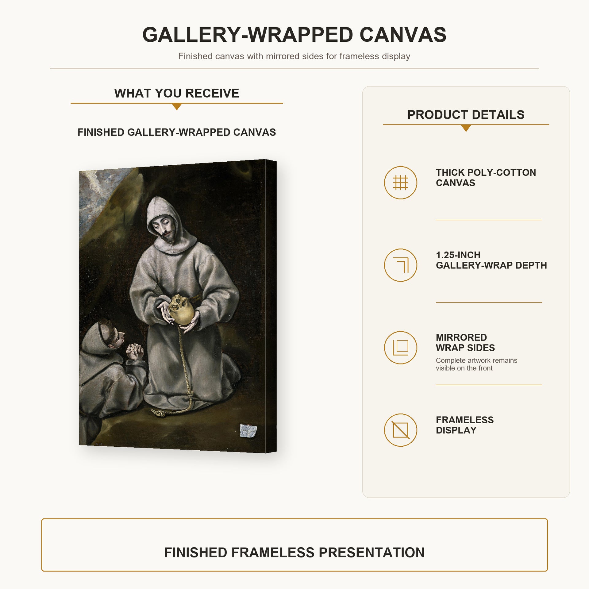 El Greco - Saint Francis and Brother Leo Meditating on Death gallery wrap canvas construction and hanging details infographic