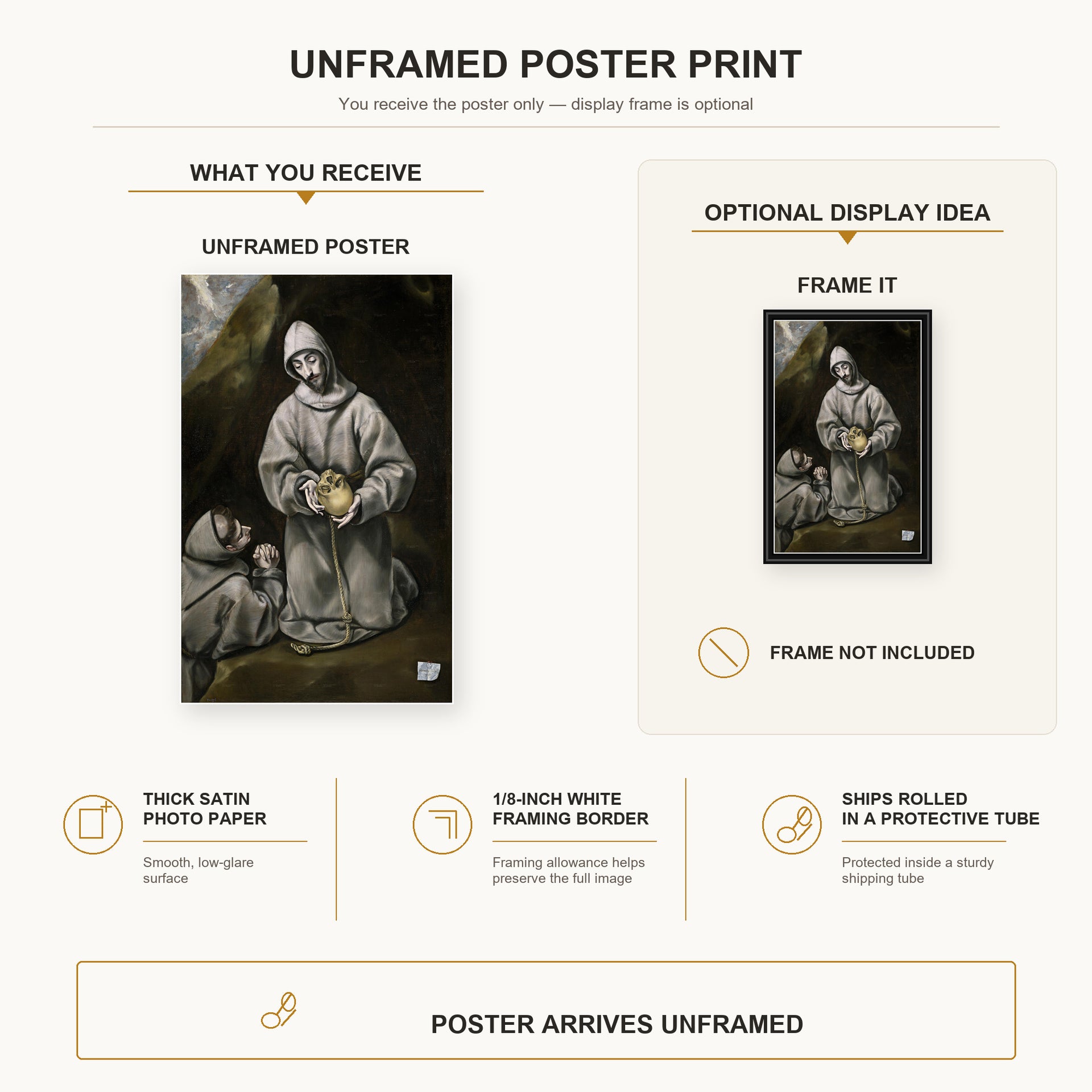 El Greco - Saint Francis and Brother Leo Meditating on Death poster print size comparison and framing display infographic