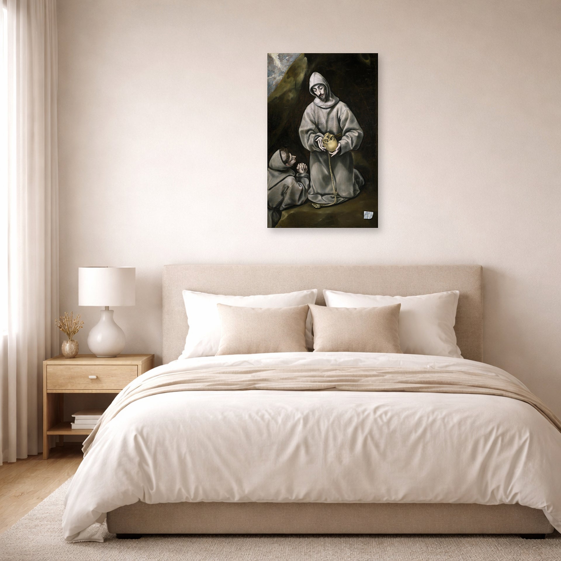 Unframed poster print of El Greco's Saint Francis and Brother Leo Meditating on Death displayed on a wall in a bedroom